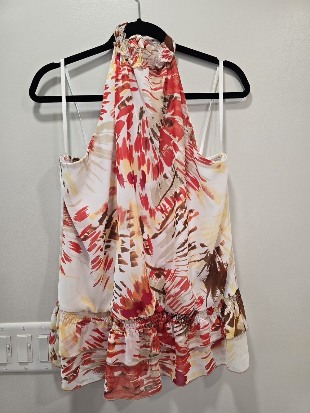 AGB Halter Ruffle Camisole in Red, Brown & Cream Print